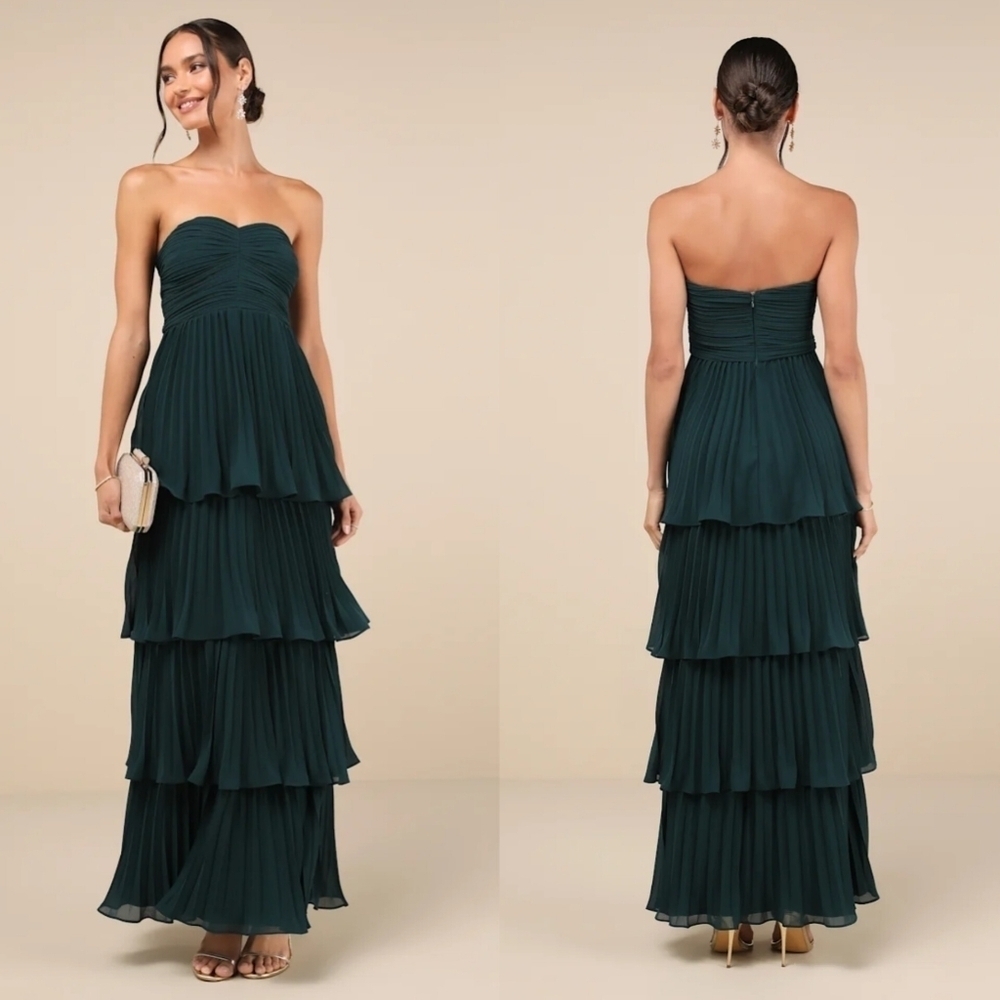 Lulus Seriously Sensational Emerald Strapless Tiered Maxi Dress Wedding Party